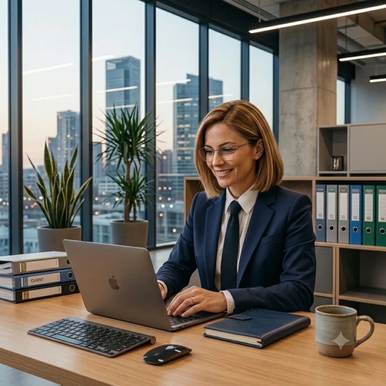 Contadora trabalhando em um notebook em um escritório com vista da cidade