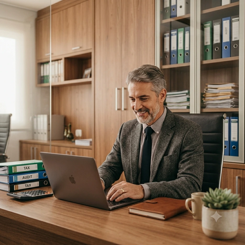 Contador sorrindo enquanto trabalha em um notebook em um escritório