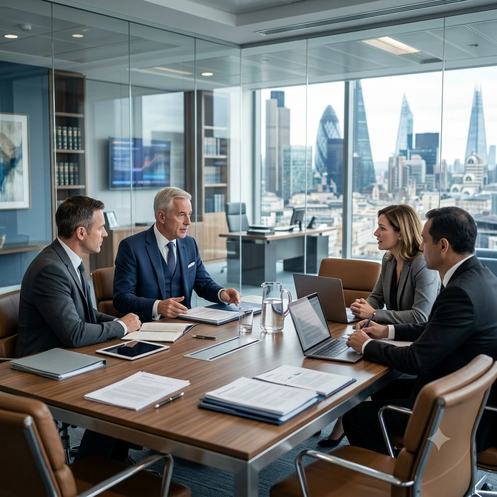 Reunião de executivos em uma sala com vista para uma cidade grande