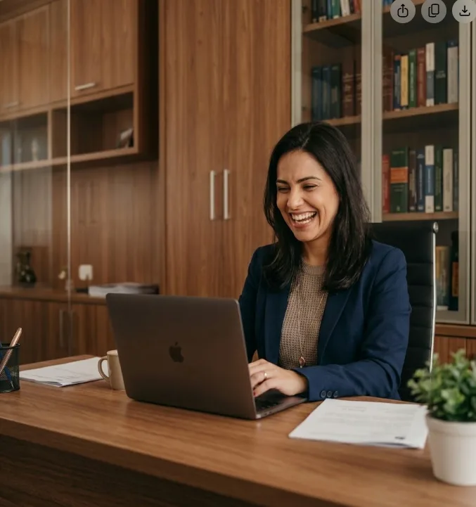 Mulher sorrindo enquanto trabalha em um notebook em um escritório